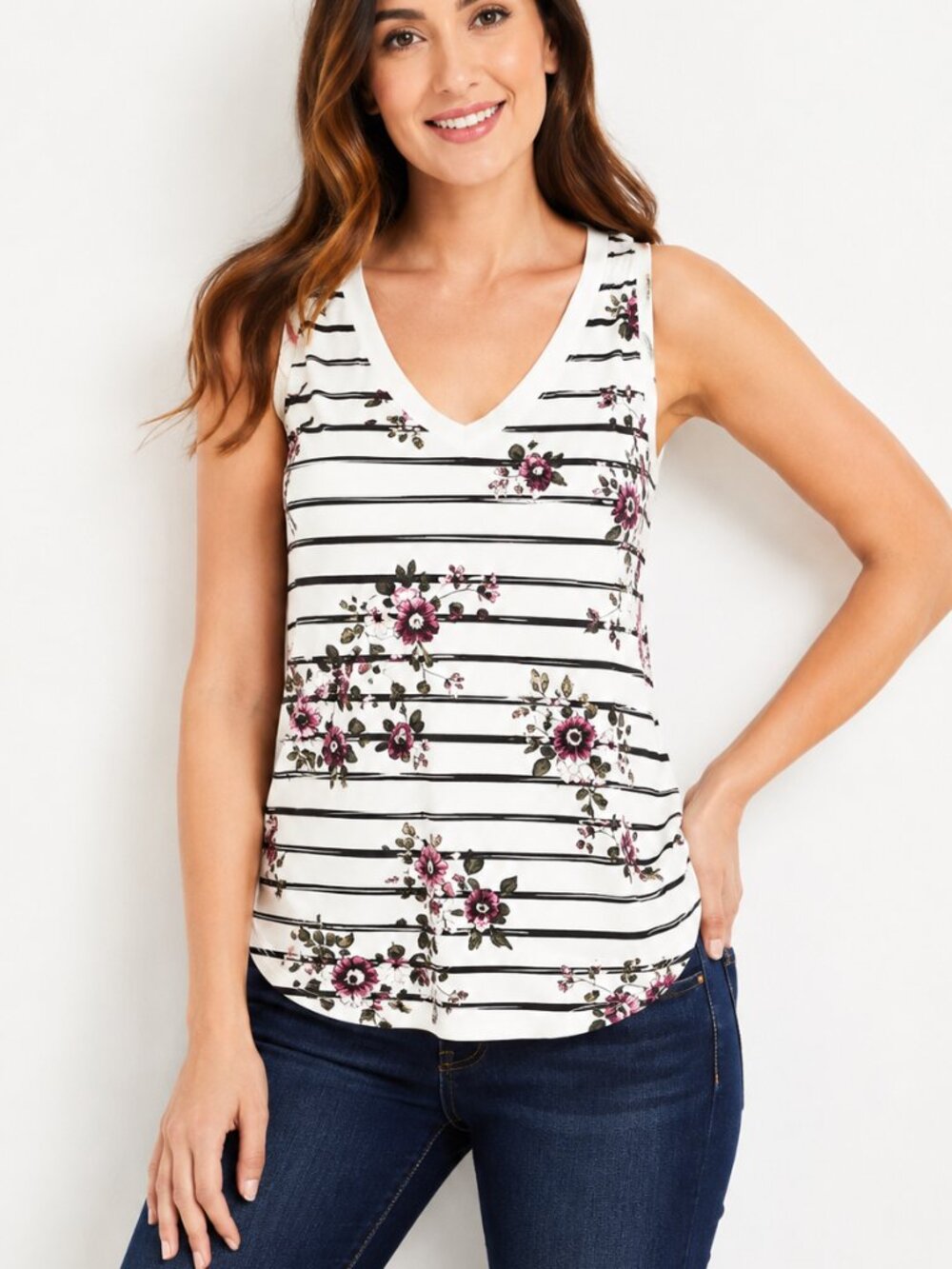 NWT 24/7 Flawless Striped Floral V Neck Tank Top XXL
